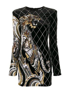 Balmain Tiger Sequin Embellished Velvet Mini Dress Black Size FR 36 US 4